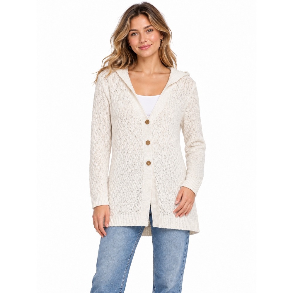 J. Jill Cream White Textured Diamond Knit Hooded Button Front Cardigan Small